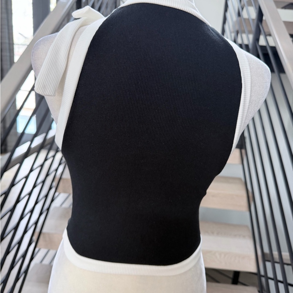 New Y2K Stylish Black and White Halter Top with Pearl Buttons And a Bow size S - Picture 6 of 6